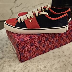 Tory Burch Churchill Sneaker - Navy & Red Suede - Size 7.5 - NIB